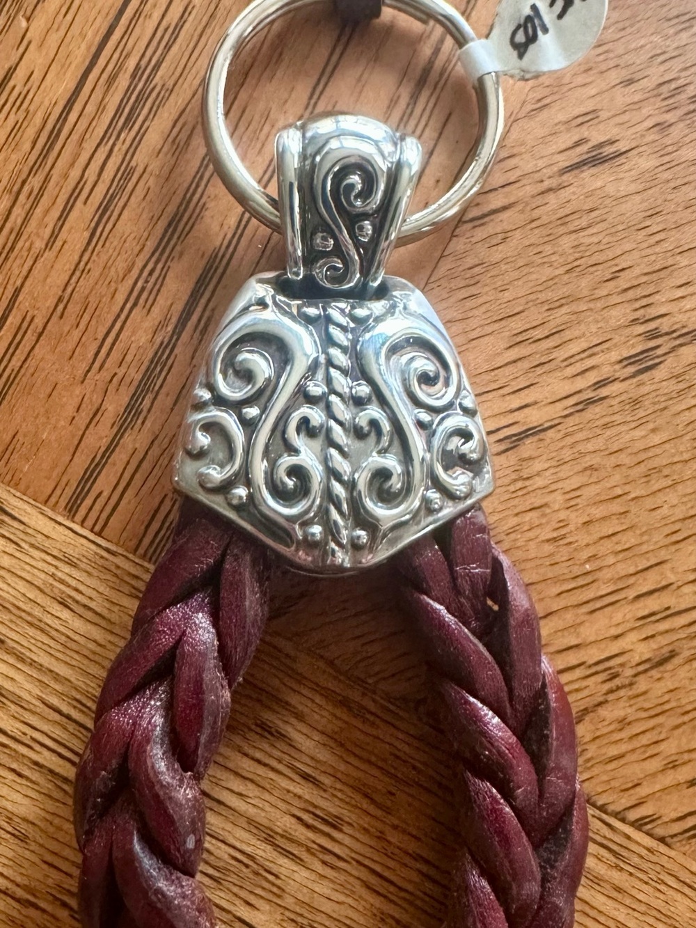Braided Leather Keychain with Ornate Silver-Tone Accent